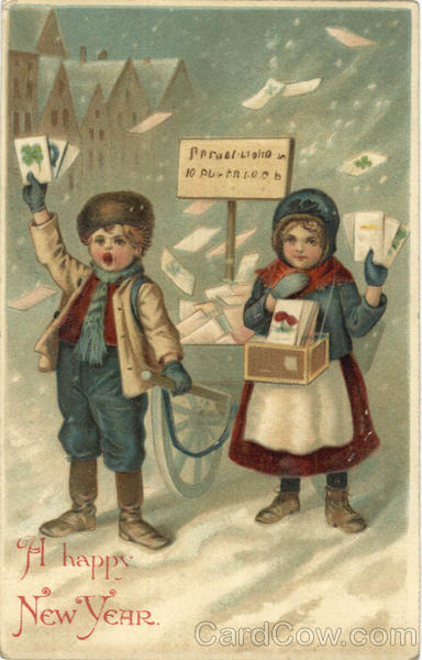 A Happy New Year - Children selling postcards