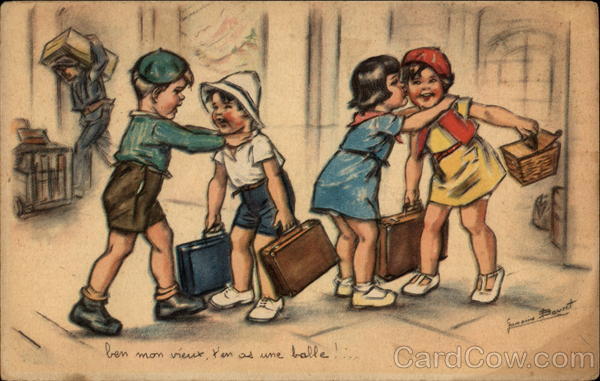 Drawing of children arriving with suitcases, warmly greeted by friends France