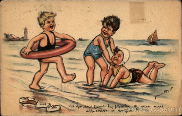 Three children playing in surf (drawing) France Germaine Bouret