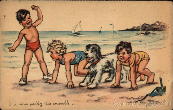 Children, dog starting race on beach (drawing) France