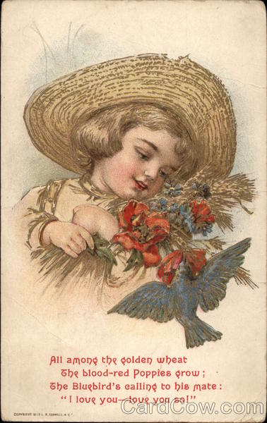 Child in straw hat with red flowers and dove Children