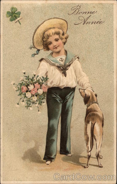 Boy in Sailor Suit with Dog and Flowers Children