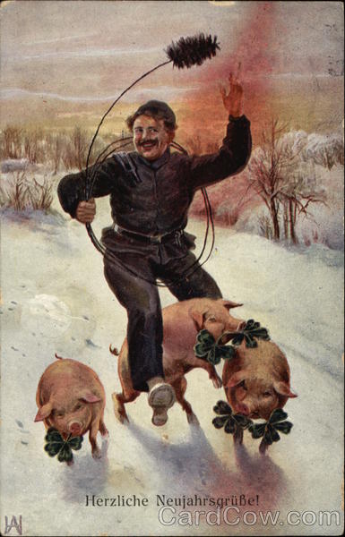 Man in Black Riding Pig in the Snow Pigs