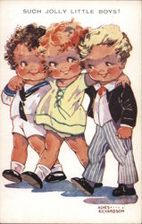 Such Jolly Little Boys! - A girl is walking with her arms around a boy on each side. Artist Signed Agnes Richardson Postcard Pos Postcard