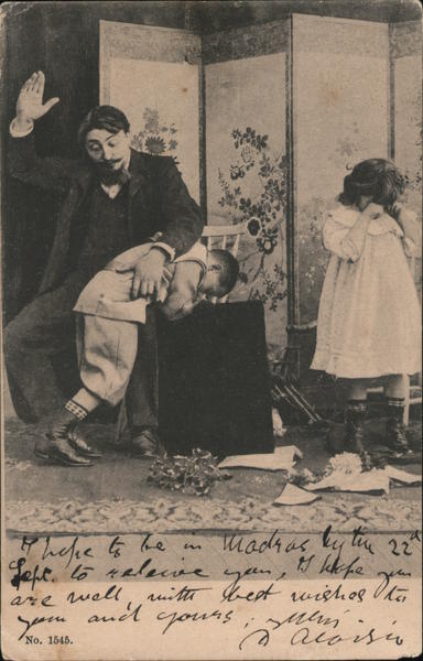 Man Spanking Boy And Girl Postcard 2931