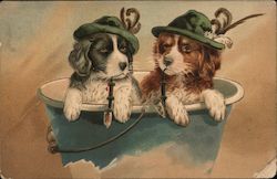 Puppies Wearing Hats Sitting in a Bucket Smoking Pipes Postcard