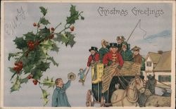 Christmas Greetings People Riding in Carriage Postcard