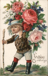 Birthday Greetings - A Boy And His Flowers Postcard Postcard Postcard