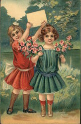 Two Girls - Holding Flowers and a Letter Postcard