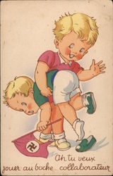 French: Anti-Nazi Boy Spanking another with Nazi Flag Postcard