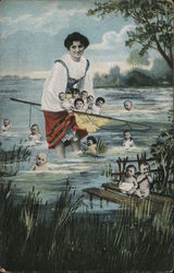 Woman fishing in a lake filled with Multiple Babies Postcard