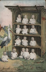 Multiple Babies Sitting on Shelves with a Stork Postcard Postcard Postcard