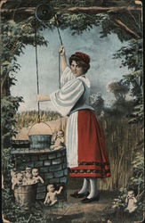 Woman at Well with Multiple Babies Postcard Postcard Postcard