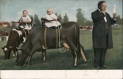 Milking cows ridden by multiple babies Postcard Postcard Postcard