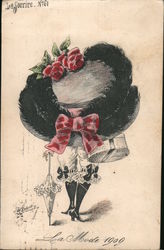 Woman Walking with Parasol, Hatbox, and Big Fluffy Black Hat with Bow Hats TS Roberts Postcard Postcard Postcard