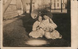 Two Girls Dressed in Kimonos with Fans, Parasols Postcard