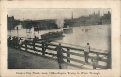 Kansas City Flood, June 1908, Engine Trying to Work Through Missouri Postcard Postcard Postcard