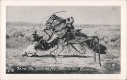 Take Me Back to my Hopper and Saddle - rider thrown by enormous locust Exaggeration Postcard Postcard Postcard