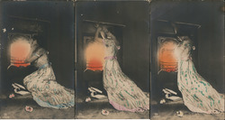 Set of 3: Woman Pining for Lover at Fireplace Postcard