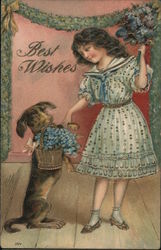 Girl and Dog with Flowers - Best Wishes Postcard