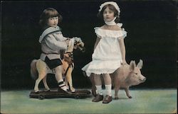 1900's Era Color Photo of Boy on Rocking Horse & a Girl on a Stuffed Pig Children Postcard Postcard Postcard