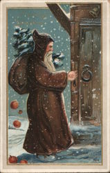 Santa in Brown, Falling Snow with a Christmas Tree and Bag Over his Shoulder Santa Claus Postcard Postcard Postcard