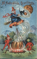 All Hallowe'en Greetings - A witch and cat fly over a pumpkin cauldron attended by two imps in costumes Postcard