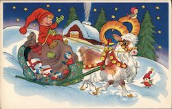 Elf/child riding on a sleigh filled with toys pulled by a reindeer Postcard