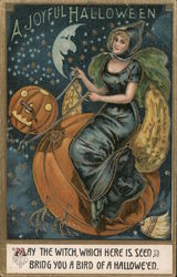 A Joyful Halloween Witch Riding Pumpkin B37 Postcard Postcard Postcard