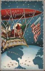 Panama Canal X-Mas Greetings, Santa in Airship Postcard