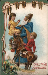 Santa in Blue, Christmas Greetings Santa Claus Postcard Postcard Postcard