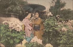 Japanese Women in Garden, Hand colored Postcard Postcard Postcard