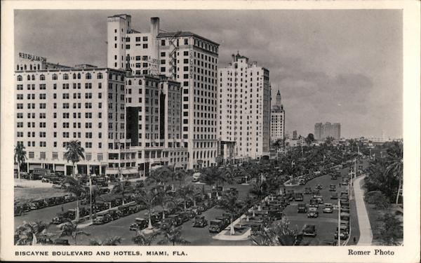 Biscayne Boulevard and Hotels Miami, FL Romer Postcard