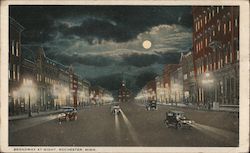 Broadway at Night, Rochester, Minn. Postcard