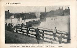 Kansas City Flood June 1908 - Engine Trying to Work Through Missouri Postcard Postcard Postcard