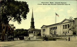 Lincoln Square, Court House and Second Presbyterian Church Worcester, MA Postcard Postcard