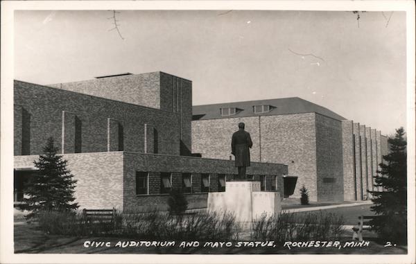 Civic Auditorium and Mayo Statue Rochester, MN Postcard