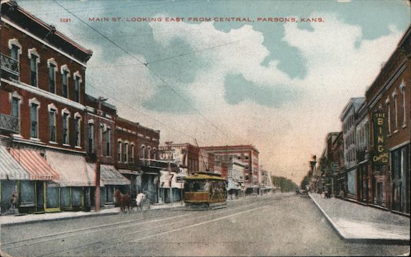 Main St, Looking East from Central, Parsons, Kansas Postcard