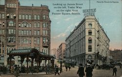 Looking up James Street on the left, Yesler Way on the right, from Pioneer Square. Seattle, WA Postcard Postcard Postcard