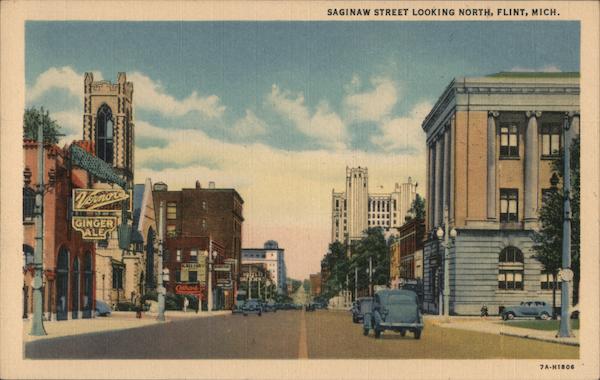 Saginaw Street Looking North Flint, MI Postcard