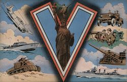 V if for Victory - Statue of Liberty - Military Vehicles World War II Postcard Postcard Postcard