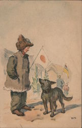 A Boy With a Japanese Flag and a Dog Postcard