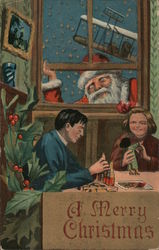 Children Playing with Toys at a Table and Santa Looking in Window Postcard Postcard Postcard