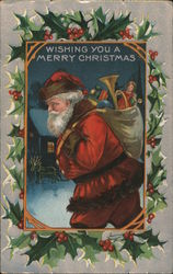 Santa Carrying a Sack of Toys Reindeer in Background Santa Claus Postcard Postcard Postcard