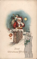 Santa Going Down Chimney with Toys Santa Claus Postcard Postcard Postcard