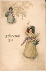 Frojdefull Jul - Two Girls Holding Flowers Children Postcard Postcard Postcard