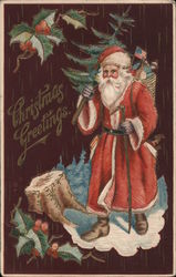 Christmas Greetings - Santa Holding Small Tree Santa Claus Postcard Postcard Postcard