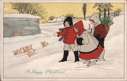 Children and Pigs - A Happy Christmas Postcard