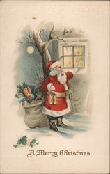 Santa with Toys Looking in Window at Christmas Tree Postcard