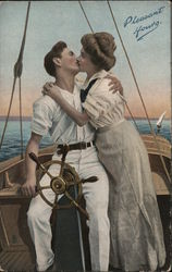 "Love's Pilot" Couple of Sailors Kissing on Deck Postcard